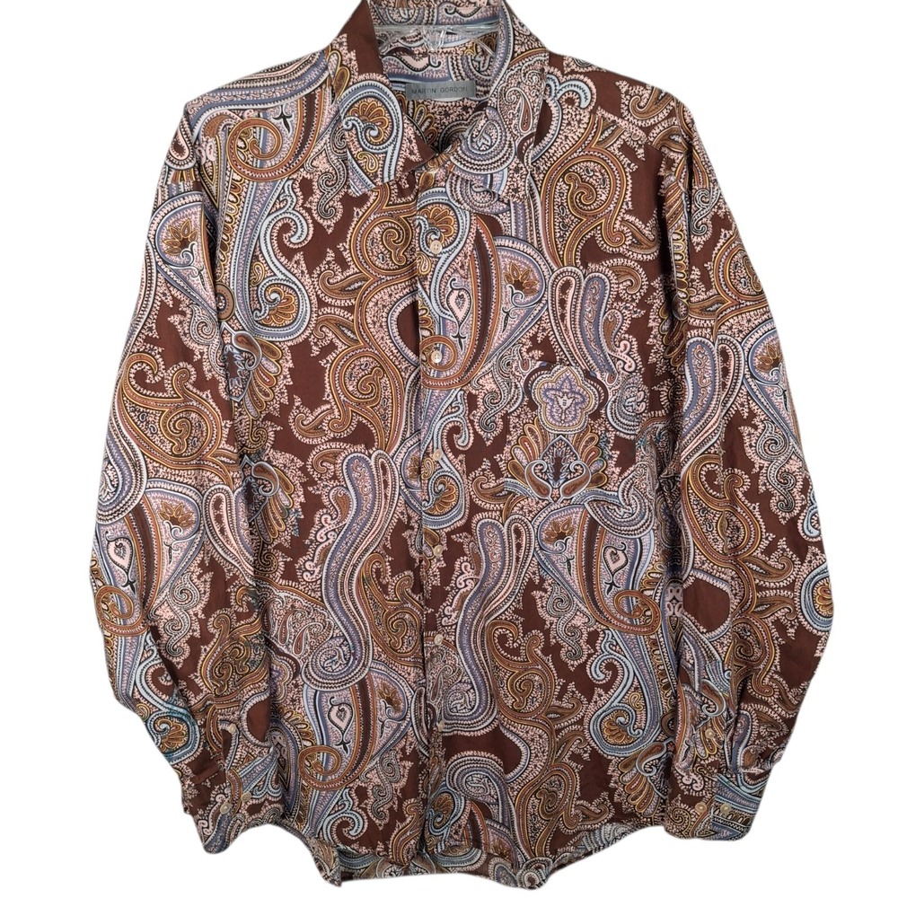 Martin Gordon Men's XL Paisley Button Down Shirt Brown 100% Cotton Long Sleeve